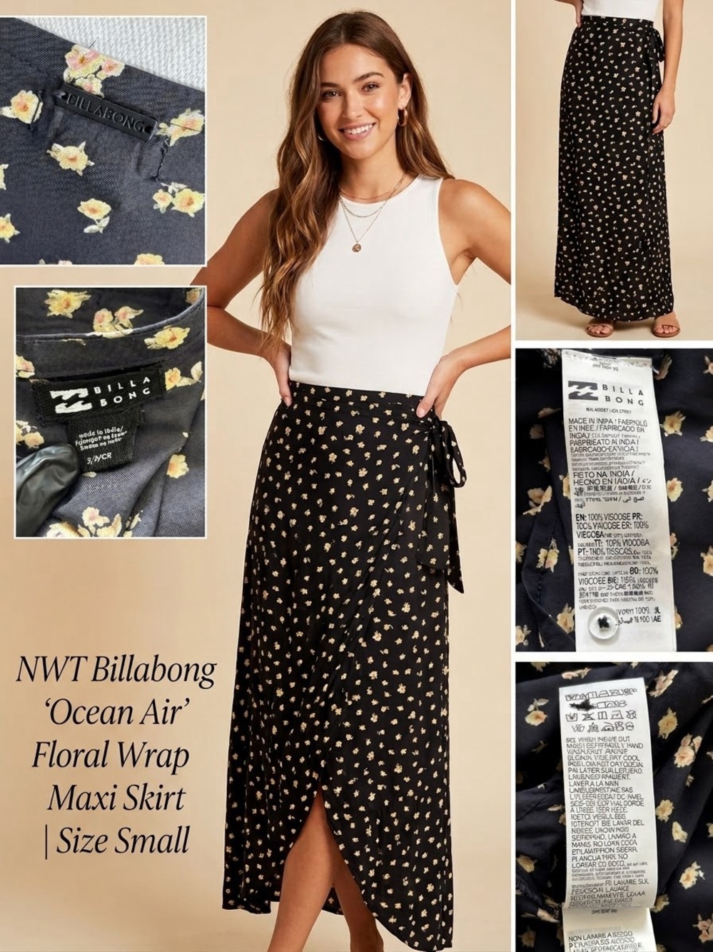 NWT Billabong Ocean Air Floral Maxi Wrap Skirt - Black / Yellow (Size Small)